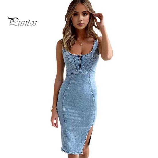 Dame Sommer Denimkjole Lav U-hals Ryggløs Ermeløs Glidelåslukking Slim Fit Distressed Sidesplitt Retro Etui Midi-kjole