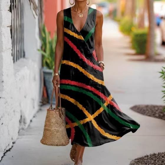 Summer V-neck Sleeveless Diagonal Button-up Vest Skirt Long Women's Vacation Casual Dress