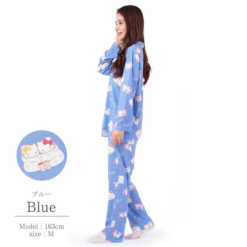 SAZAC 50th Anniversary Hello Kitty Shirt Long Sleeve and Pants Jersey Cotton Hello Kitty Mimmy Women's Pajamas, Set, Loungewear, & (Blue/M/SAN1740)