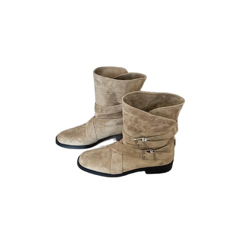 2025 autumn new retro low-heeled Maillard short boots slim Korean version boots women's black khaki green