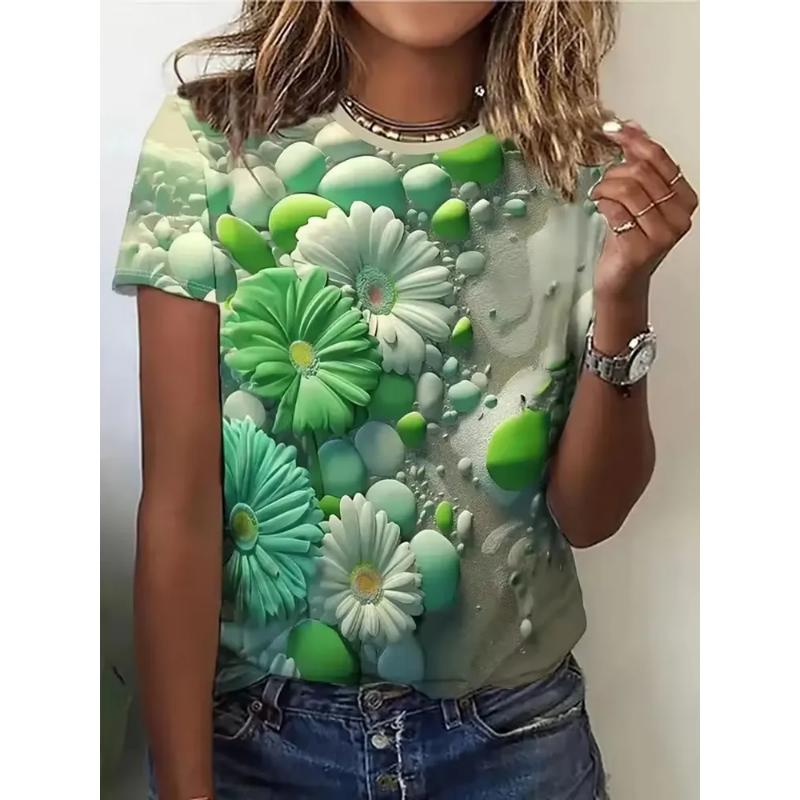 Fashion Women's 3D Flower Color Printing Flower Short Sleeve Crew Neck T-Shirt Crew Neck Short Sleeve