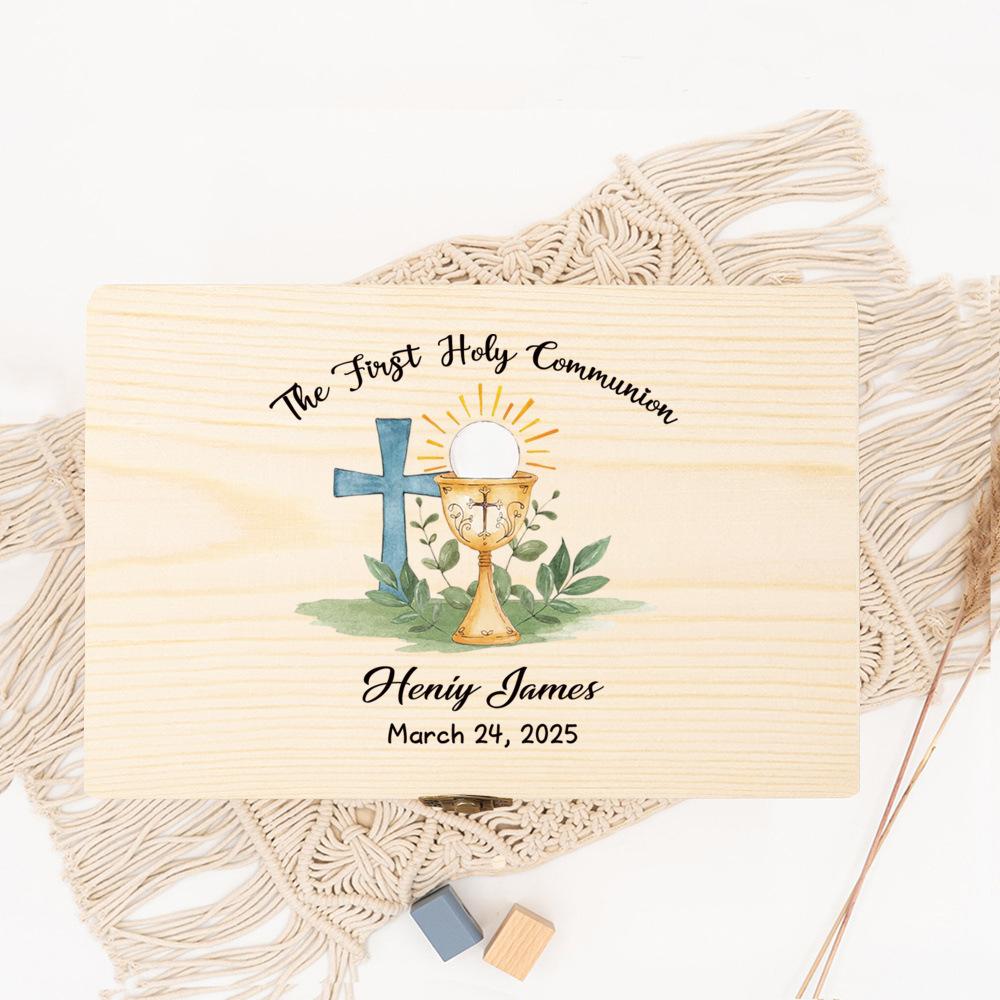 First Holy Communion Personalised Luxury Wooden Memory Keepsake Box ,Cross & Foliage Design,Celebratory Gift ,Birthday Christmas 15X10X5.2CM