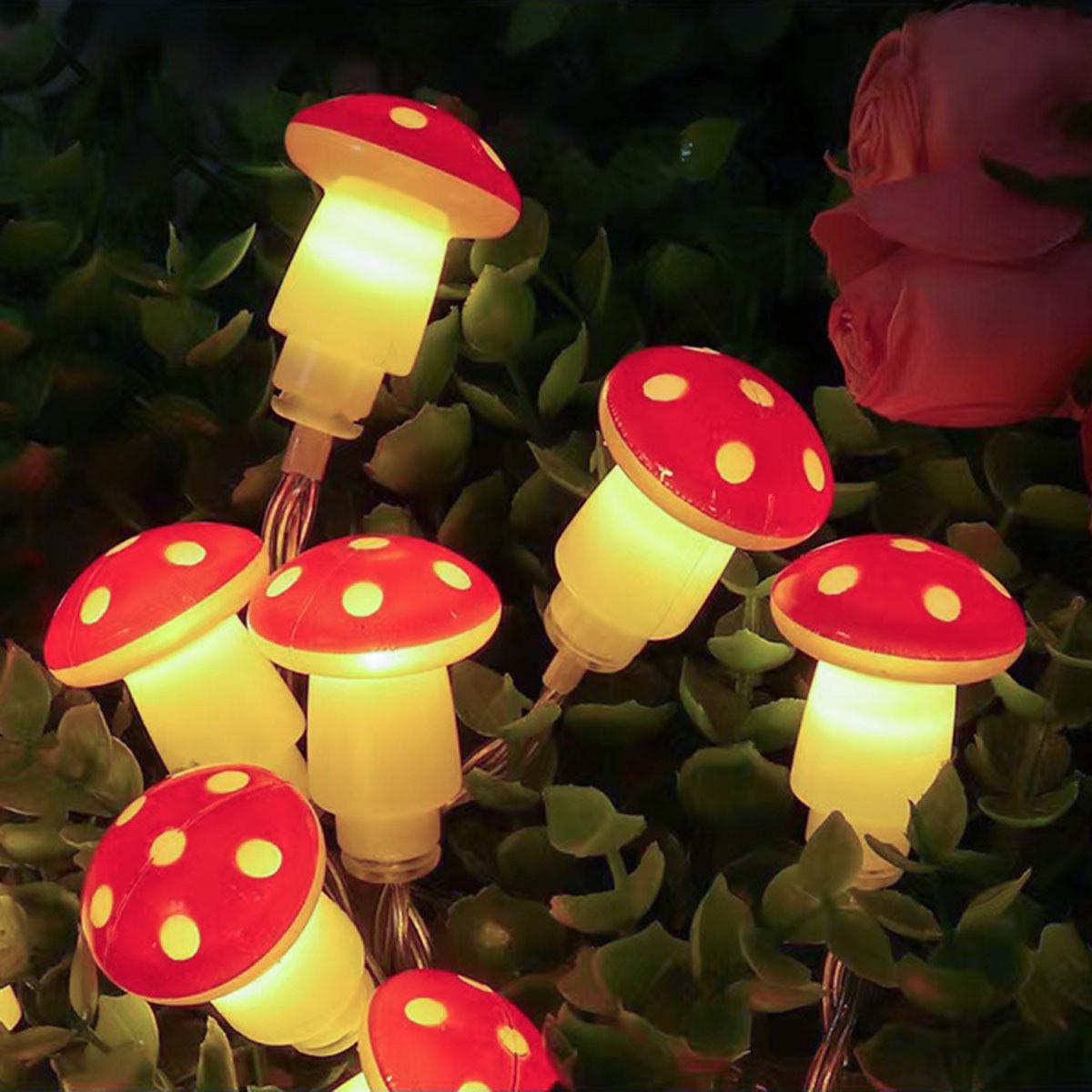 LED Mushroom String Lights: Indoor Plastic Plant Decor with Battery Box 1.5m 10 LED Battery