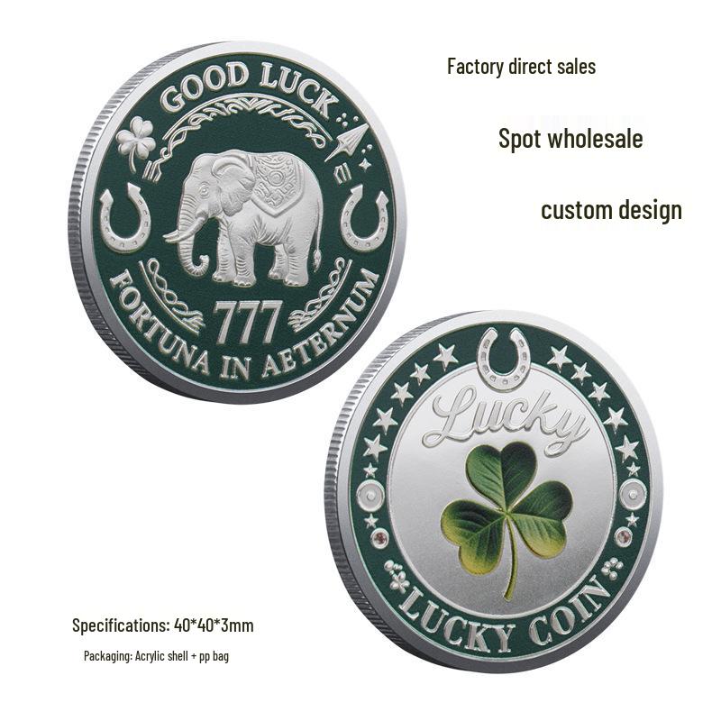LUCKY Commemorative Coin with Elephant & Four-Leaf Clover – Good Luck Badge