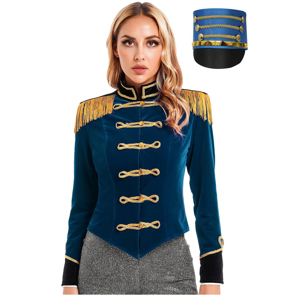 Womens Ringmaster Costume Circus Carnival Party Long Sleeve Stand Collar Fringe Shoulder Jacket Coat Hat Set