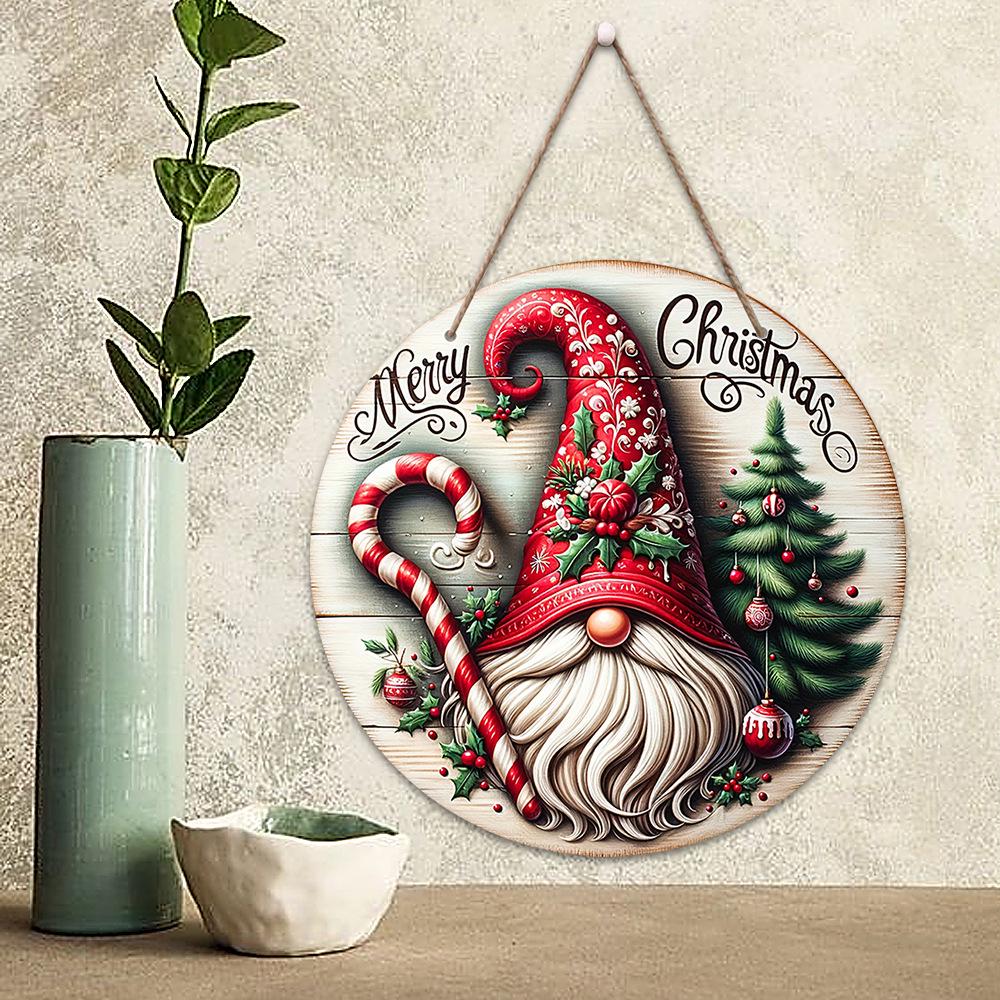 Christmas Holiday Wooden Hanging Tag with Santa Claus Cane Design