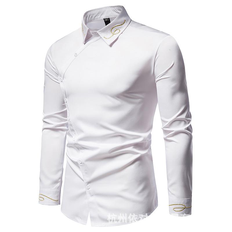Spring Autumn Men's Trend Embroidery Asymmetric Long Sleeve Shirt Western Cowboy Shirt