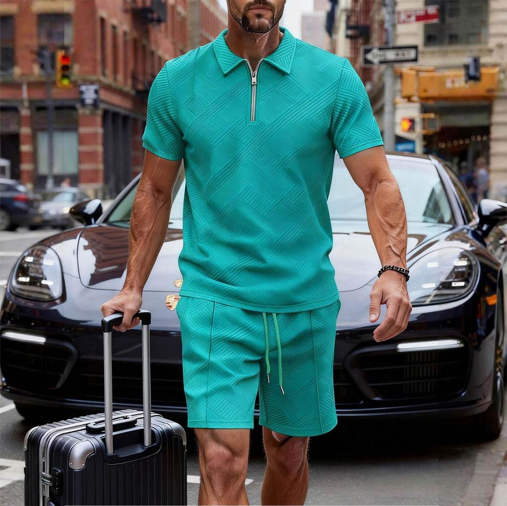 Men's New Casual Color Zipper Collar Shirt Short-sleeve Set