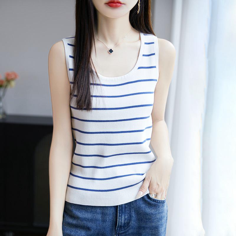 2025 Summer Women's Pure Cotton Striped U-neck Knitted Tank Top