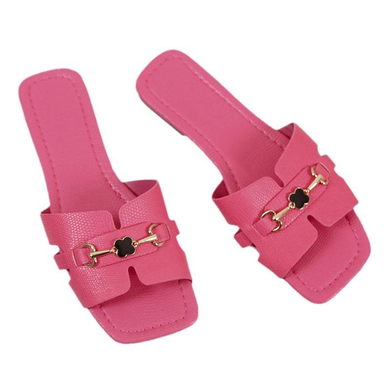 Pantofi cu cataramă metalică cu strasuri, cu vârf pătrat, papuci plați, sandale de vară, papuci de mărime mare