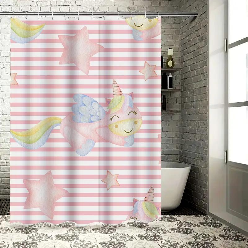 Charming Unicorn Shower Curtain Pink Striped Cartoon Bathroom Decor for Kids Adults Waterproof Polyester Fabric Available in V