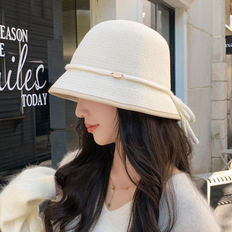 Autumn And Winter Knitted Bucket Hat, Bucket Hat, Top Hat, Small Face, Warm Basin Hat, Bow Versatile Personality