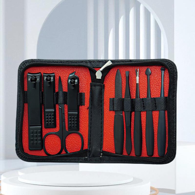 Stainless Steel 9-Piece Manicure & Pedicure Set with Tweezers and Nail Clippers In Black.