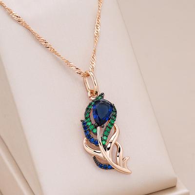 Blauer Naturzirkon Anhänger Halskette für Damen Roségold- und Schwarzplattierung Vintage Kristallblatt Täglicher feiner Schmuck