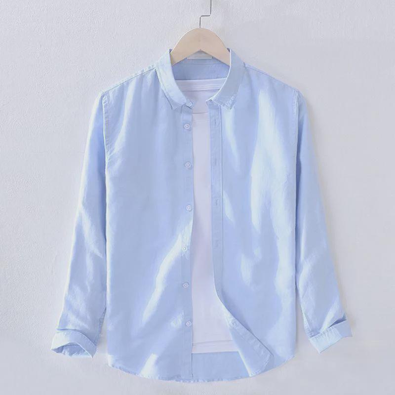 Men's White Long-Sleeve Linen Shirt - Casual Spring/Summer Lapel Style