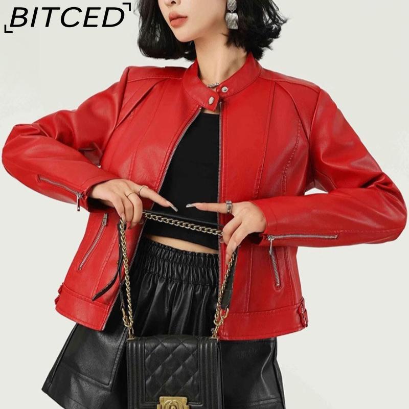 Fashionable Women's PU Leather Jacket, Stand Collar, Lightweight Spring/Autumn Style, Red Leather Jacket