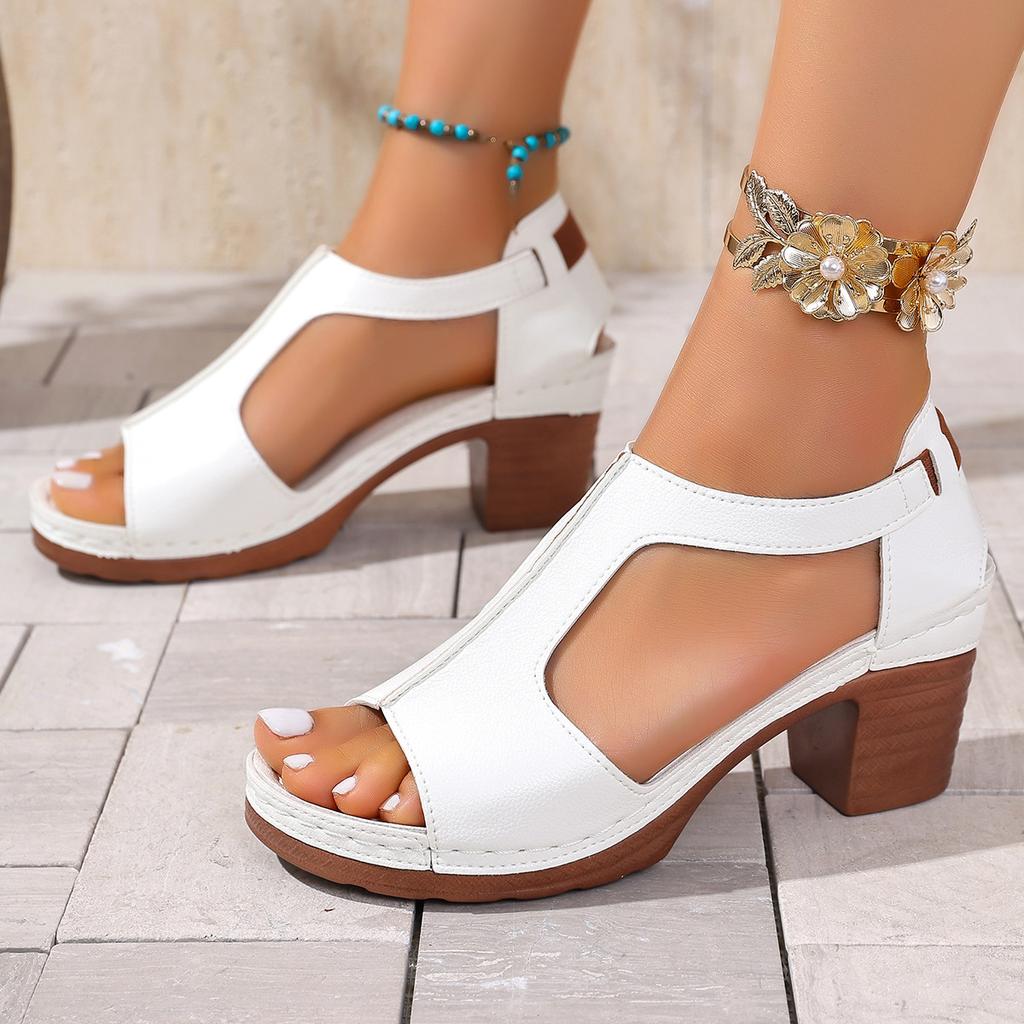 Vintage Hollow Out High Heels Sandals Women Summer Pu Leather Thick Heeled Sandals Woman Plus Size  Peep Toe Beach Shoes