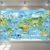 A Vivid Background of the World Map with Cartoon Animals and Planets: Suitable for Home Decor and Party Decorations.