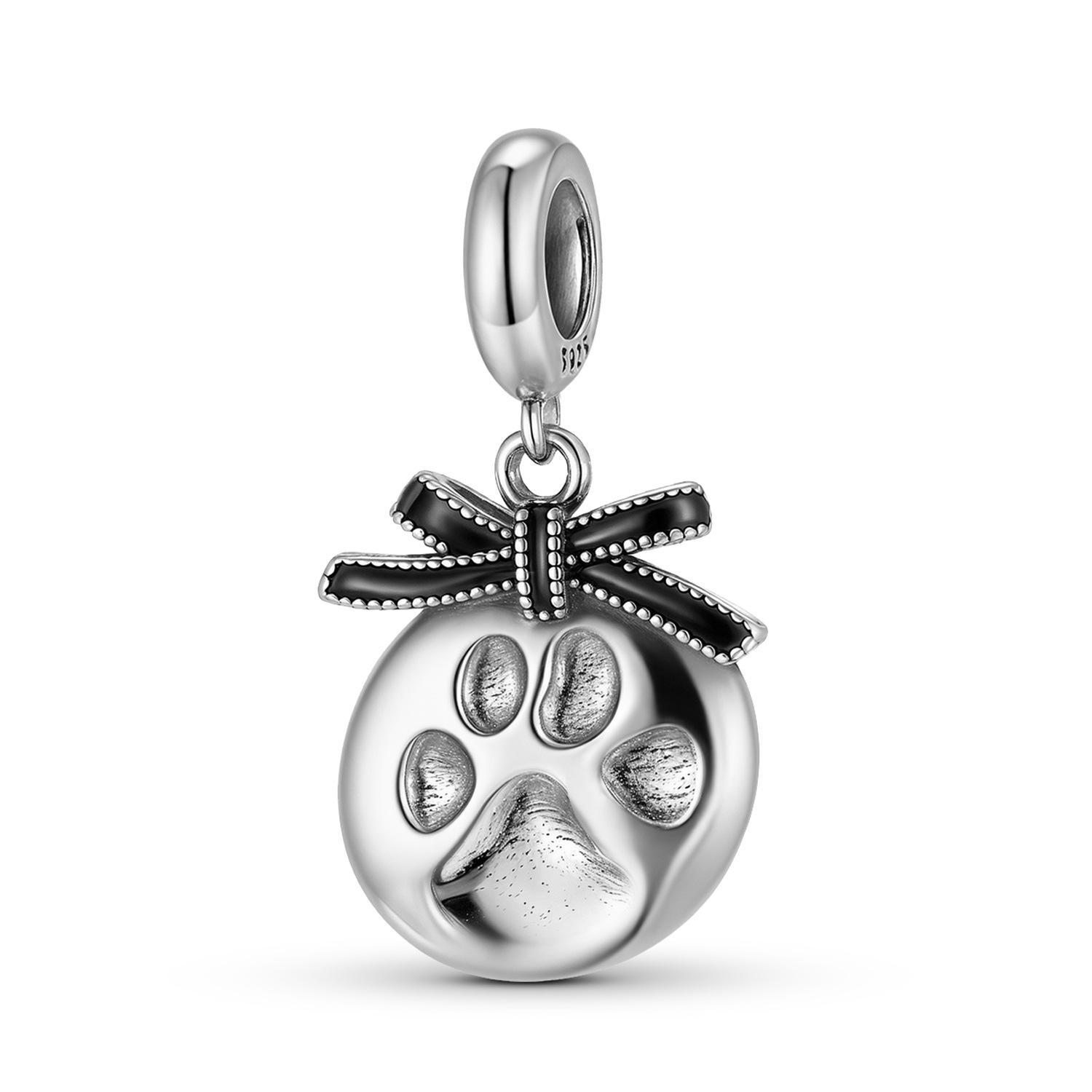 S925 sterling silver irregular bow dog paw footprint pendant European and American popular bracelet DIY jewelry accessories pendant S925 sterling silver