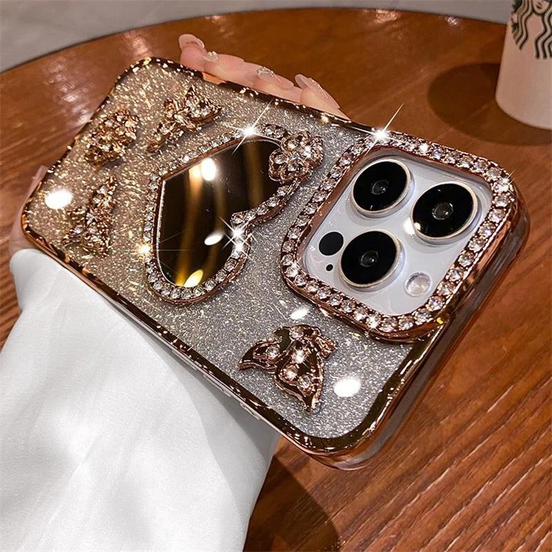 

М яка силіконова прозора накладка з блискучим діамантом і серцем для макіяжу для iPhone 16 Pro Max 15 11 12 13 14 Plus Butterfly iPhone 14 Pro Max золотий