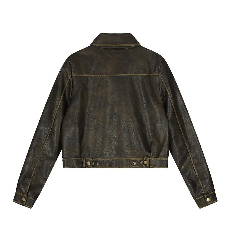 2KWEIRD Hot Girl Short PU Leather Jackets Retro Autumn Women Coats American  Pocket Coffee Faux Clothing Cropped Tops