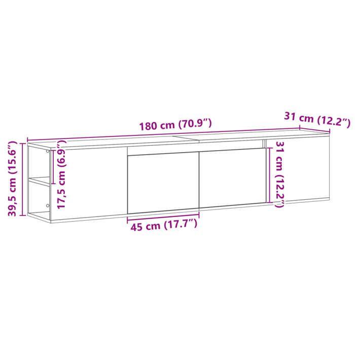 VidaXL Meuble TV mural avec LED blanc 180x31x39,5 cm, meuble TV flottant, meuble multimédia mural, unité TV murale, armoire 3307954