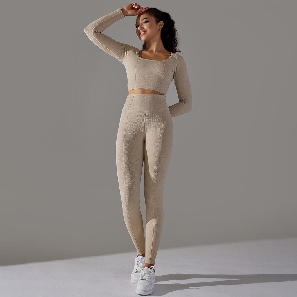 Seamless Knitted Long Sleeved Sports And Fitness Pants, Quick Drying Jacquard Breathable Hip Lifting Running Yoga Suit Set