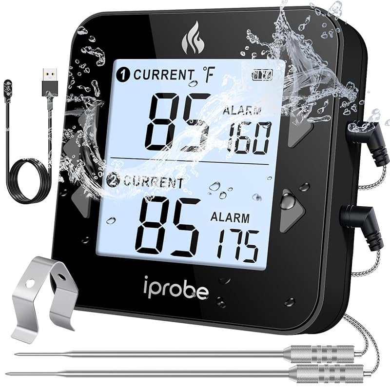 Dual Probe Rechargeable & Waterproof Digital Meat Thermometer for Food - Large LCD Backlight Cooking Thermometer for Kitchen Smoker Oven Grill BBQ