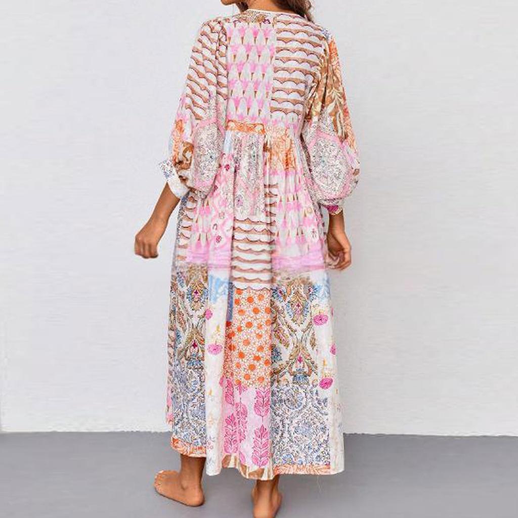 Women's Summer Floral Print Loose Sundress Half Sleeve Beach Flowing Bohemian Maxi Dress