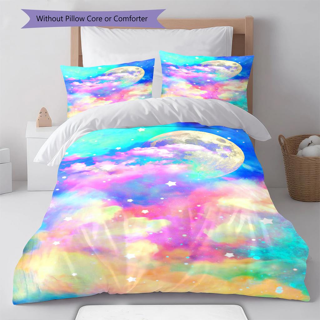 Galaxy Moon Pattern Bedding Quilt Set Quilt Cover Pillowcase Home Decoration Gift (1 * Duvet Cover + 2 * Pillowcase, Without Core)