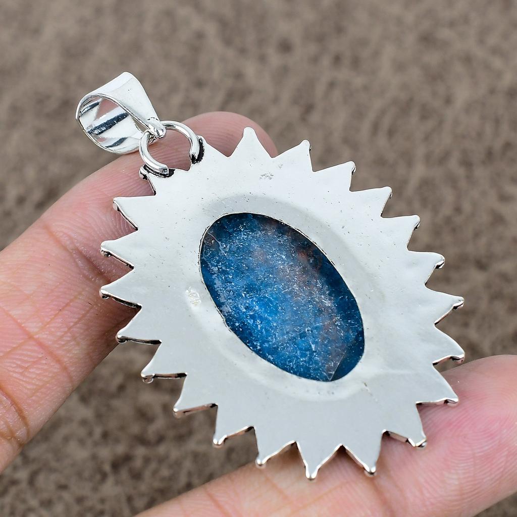 Neon Blue Apatite Gemstone 925 Sterling Silver Jewelry Pendant 2.48" KKG-739