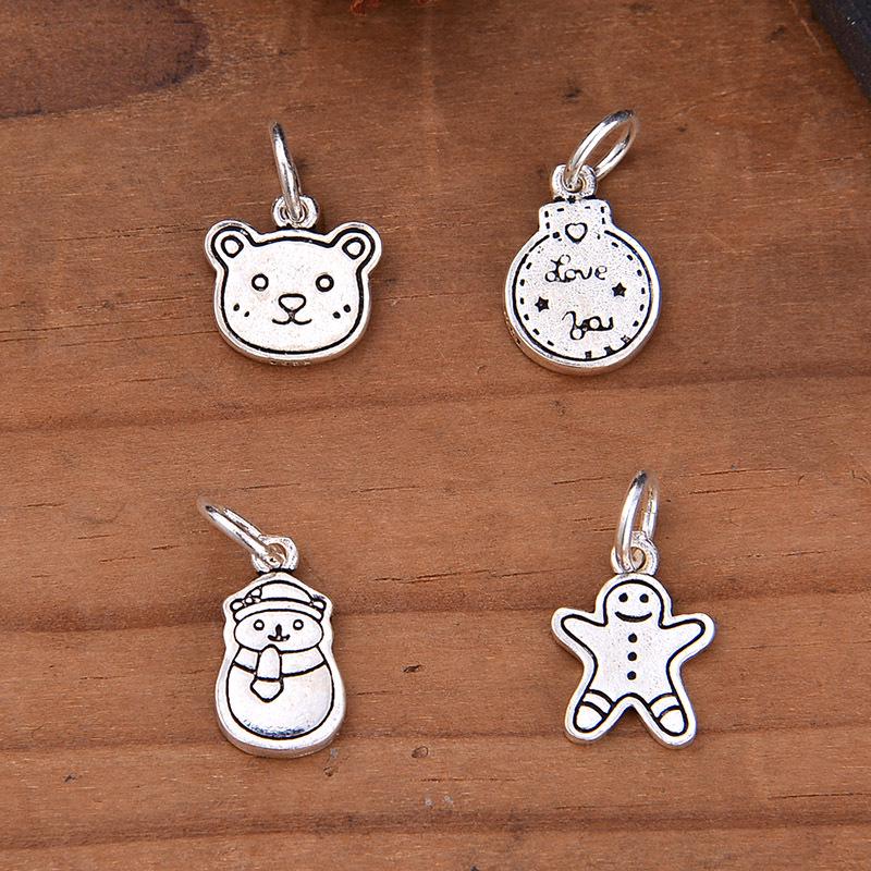 Sterling Silver Cartoon Charms: Gingerbread Man, Snowman, Teddy Bear, Light Bulb - Thai Silver Jewelry DIY Bracelet Accessories.
