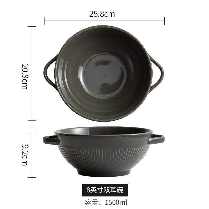 Solid Color Ceramic Double Ear Bowl Large Capacity Noodle Bowl Soup Bowl Salad Bowls Snack Bowls Restaurant Creative Tableware