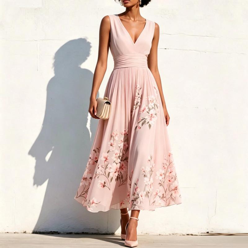 TikTok Women's Amazon Digital Printing Flower Long Sleeve V-Neck Pleated Dress Women's Long Dress