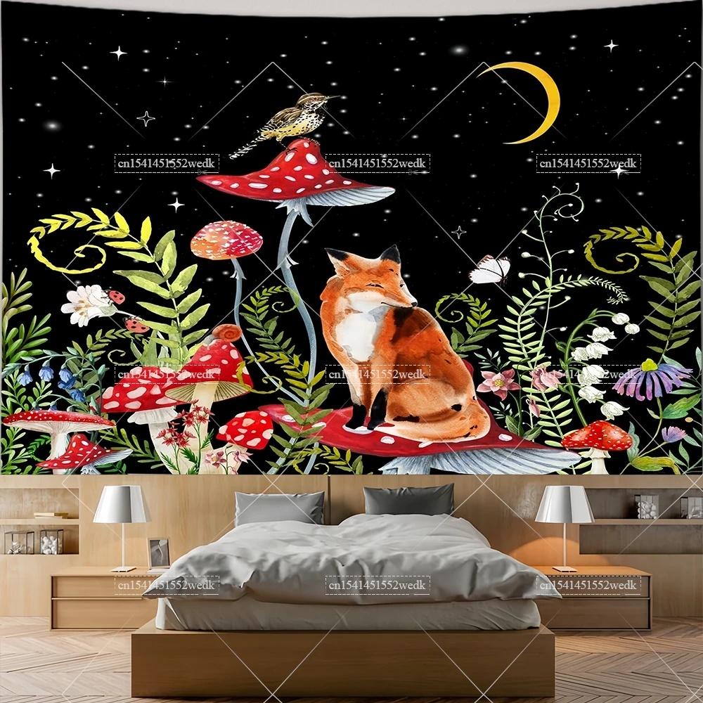 Mushroom Tapestry Moon Star Tapestries Butterfly Snail Frog Tapestrys Aesthetic Room Decor Starry Night Green Plant Tapastrys