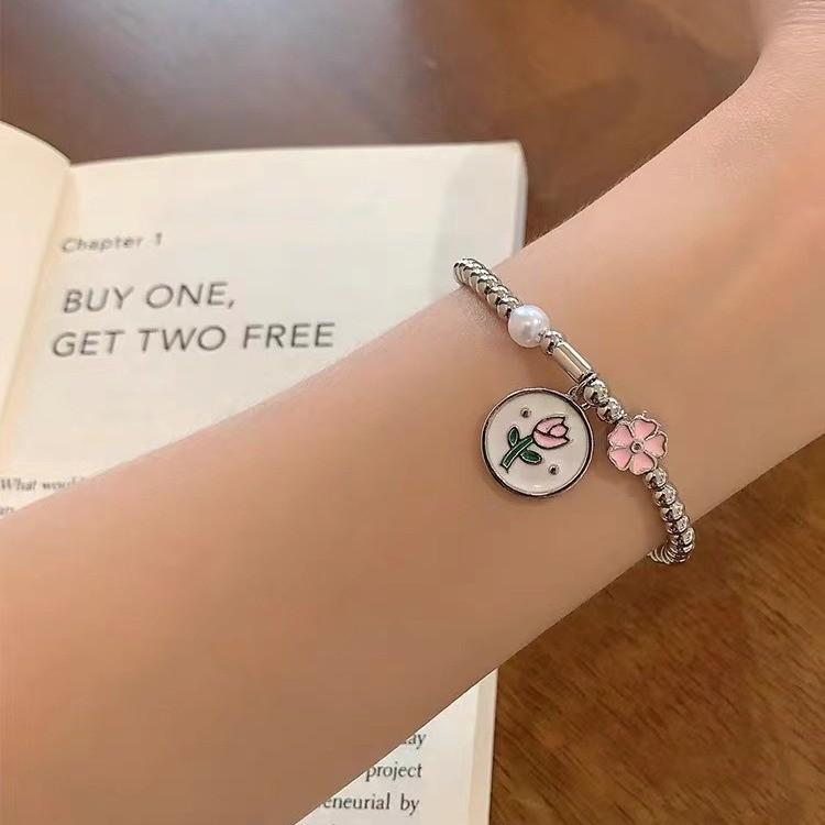 Tulip Pink Elegant Flower Bracelet For Women Highend Geometric Design Summer 2024