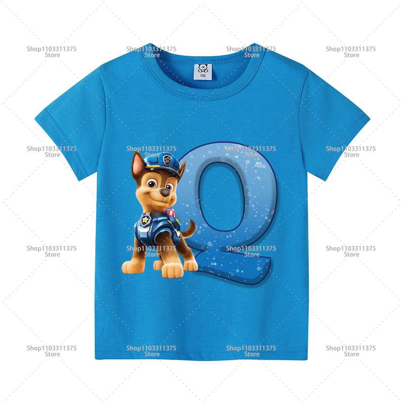 Cute PAW Patrol Blue T-shirt Boys Clothes Letter A-Z Printed Short Sleeve Cartoon Fashion Kids Birthday Toddler Cotton Tops Gift