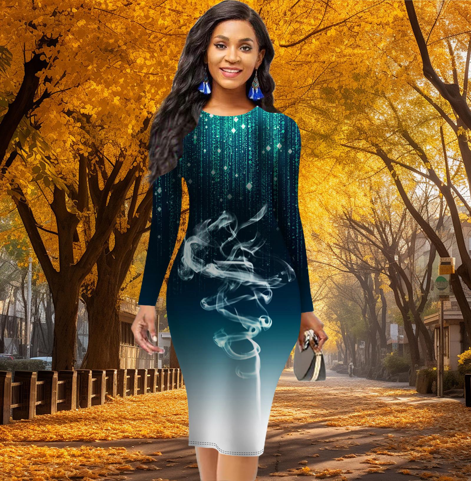 

Длинный рукав, облегающее платье для офиса, облегающее, с принтом «дым проникает в воздух» 8XL светло-синий