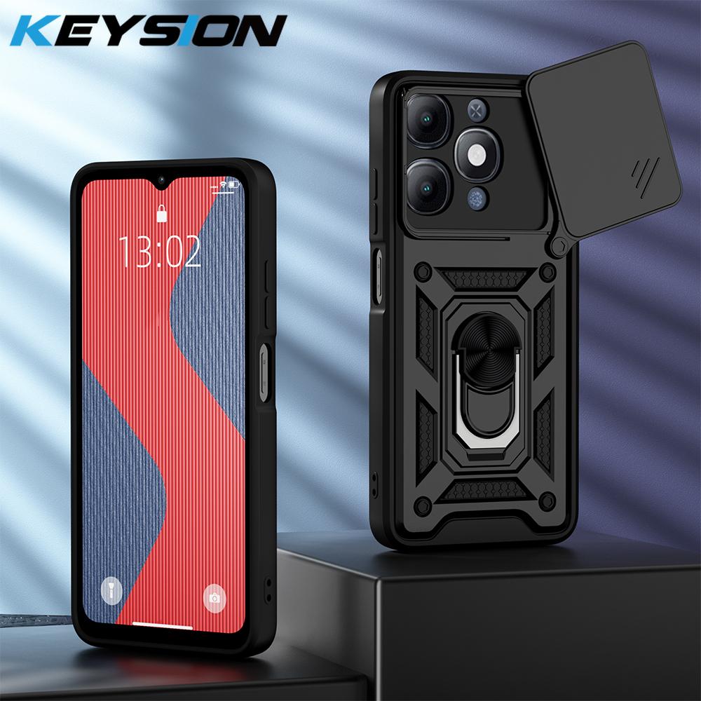 KEYSION Shockproof Armor Case for Itel A90 4G Silicone+PC Slide Camera Lens Protection Ring Stand Phone Back Cover for Itel A90