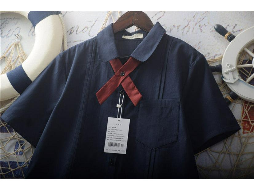 Women's Summer Loose Fit Bellows-Pleated Short-Sleeve Shirt with Bow Tie - Japanese School Style