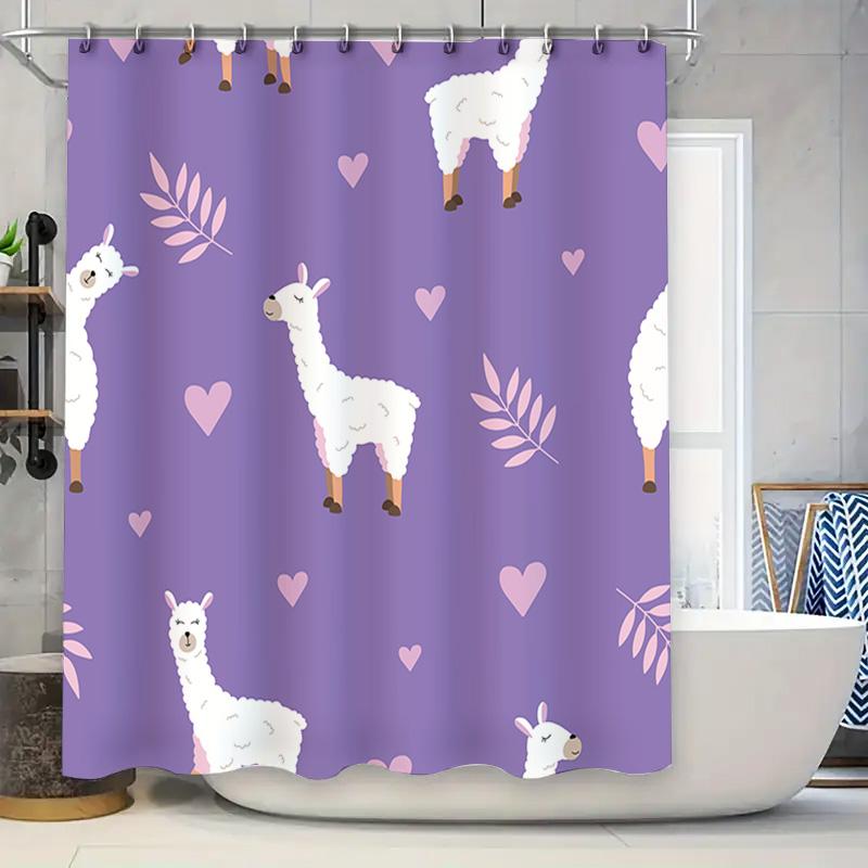 

Animal Print Shower Curtain Featuring Llama Design With Pink Leaves Hearts For Bathroom Decor Purple Fabric Shower Curtain Set H W60H190(CM)-1 Pcs