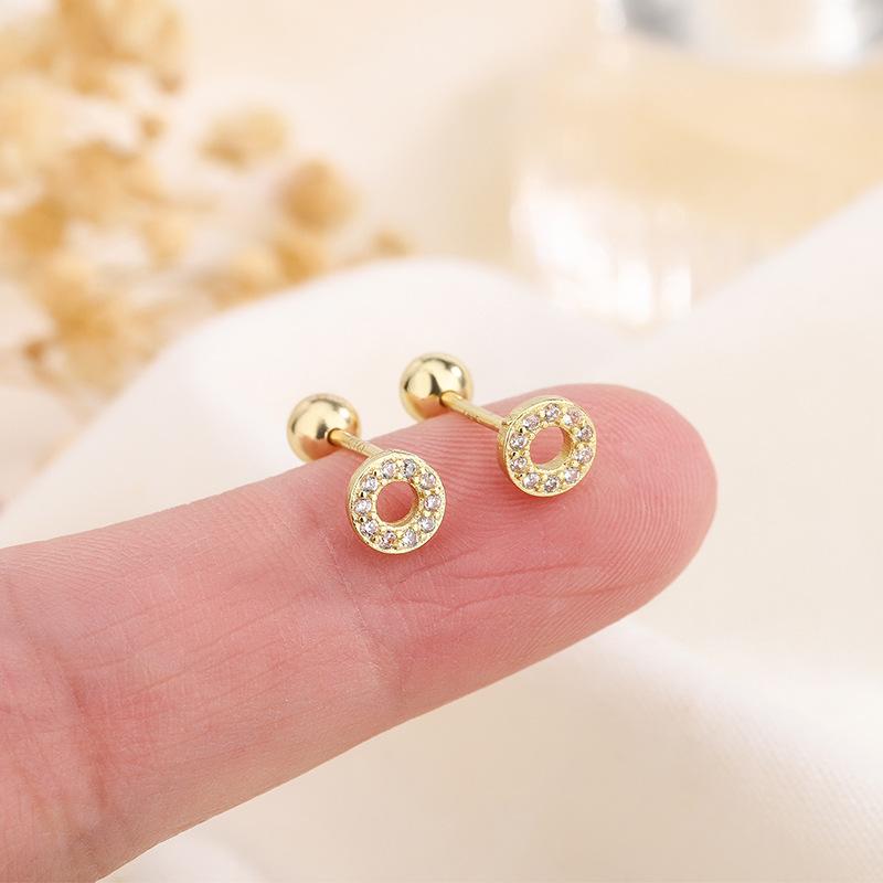 Small Geometric Round Zircon Earrings Screw Back Comfortable For Sleeping Hypoallergenic Studs Trendy Sweet