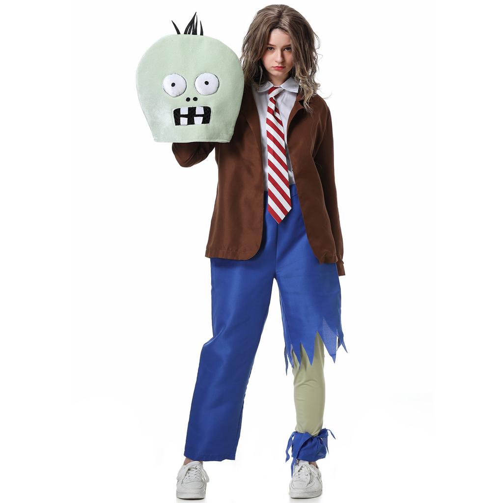 Rostliny vs. Zombie antropomorfní panenky, kostýmy rodičů a dětí, dívčí halloweenské kostýmy cosplay na jevišti