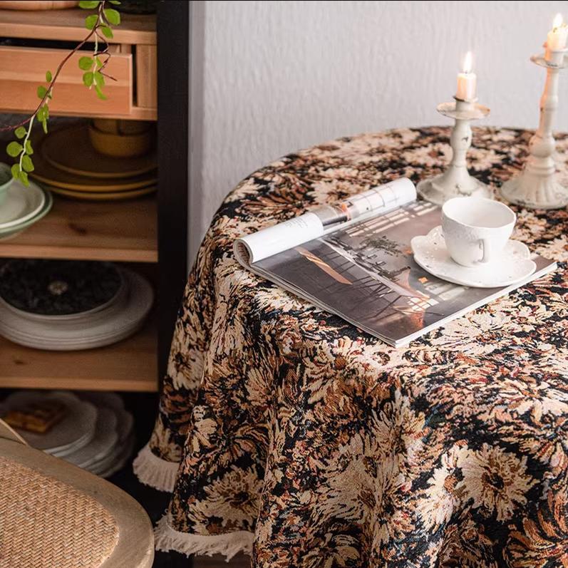 Vintage Round Tablecloth, Coffee Cotton Linen Florals Table Cloth, Anti-Wrinkle Decorative Tablecloths for Dining, Kitchen Wedding, Thanksgiving