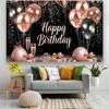 BlissYard Rose Gold and Black Happy Birthday Banner Backdrop Large Happy Birthday Glitter Balloons Photo Booth Photography Background Banner Supplies