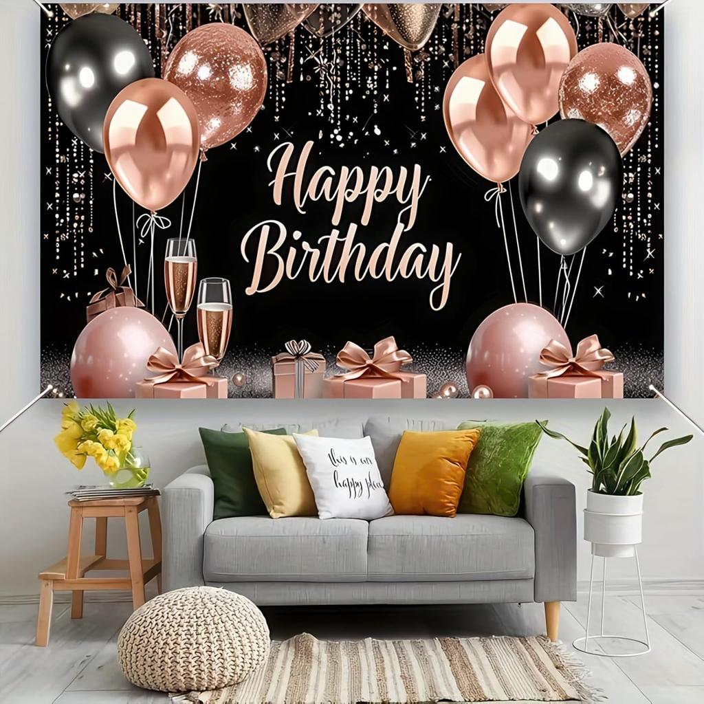 BlissYard Rose Gold and Black Happy Birthday Banner Backdrop Large Happy Birthday Glitter Balloons Photo Booth Photography Background Banner Supplies