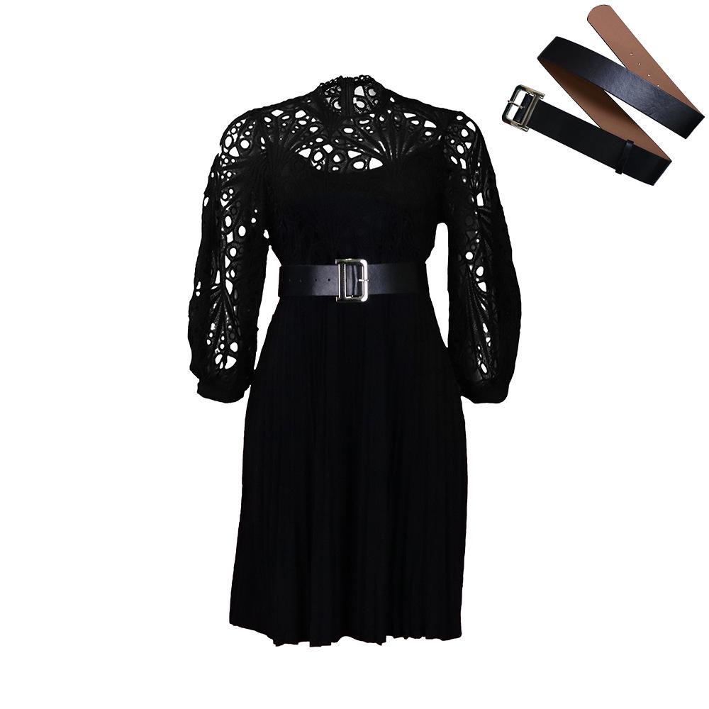 2024 Pure Color Lace Hollow Pleated Women's Dress - European and American Style