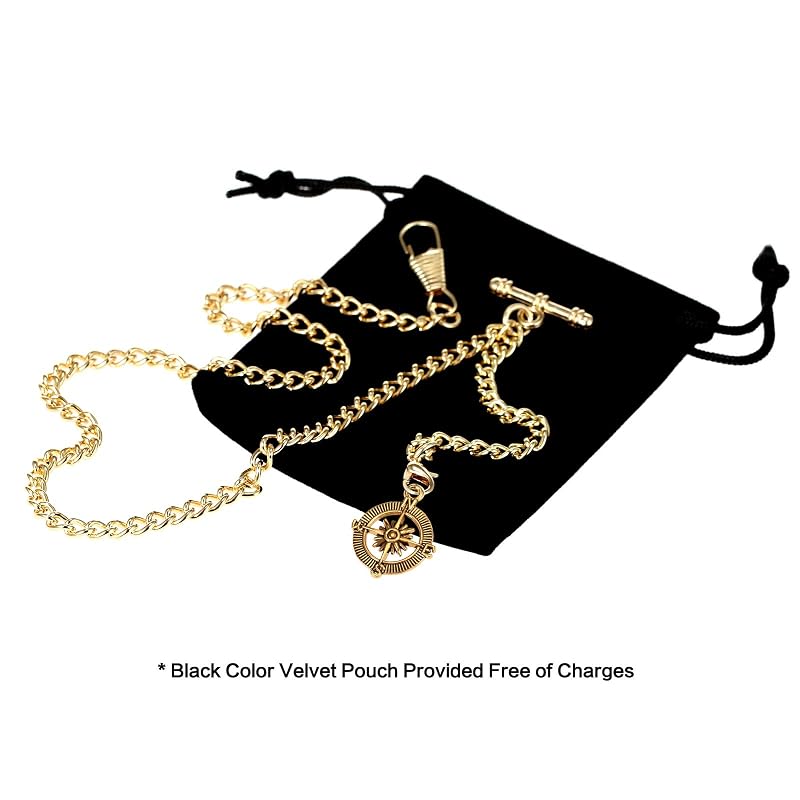TREEWETO Men's Pocket Watch Chain Albert Chain with 2 Hooks and Compass Pendant