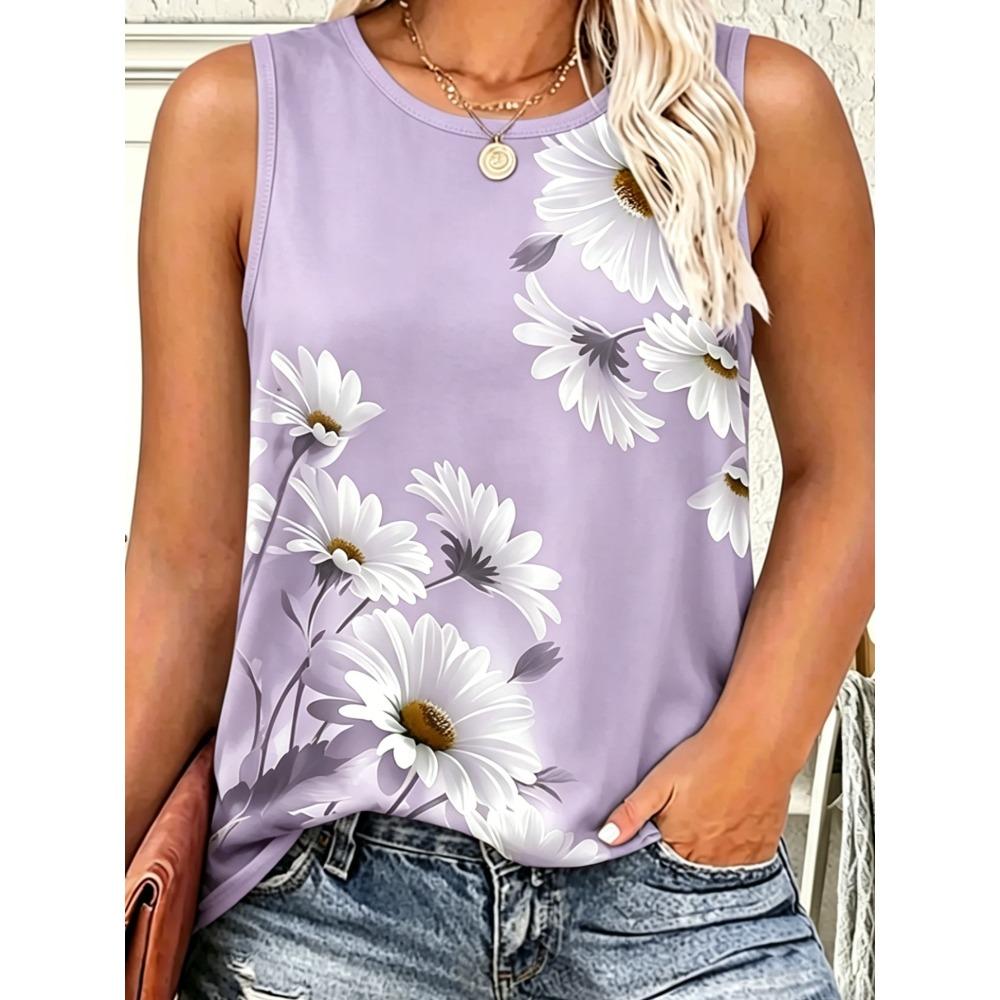 Gilet Estivo da Donna Taglia Larga Fiori Colorati Stampa 3D Largo alla Moda Comodo Morbido Traspirante Scollo a O Senza Maniche