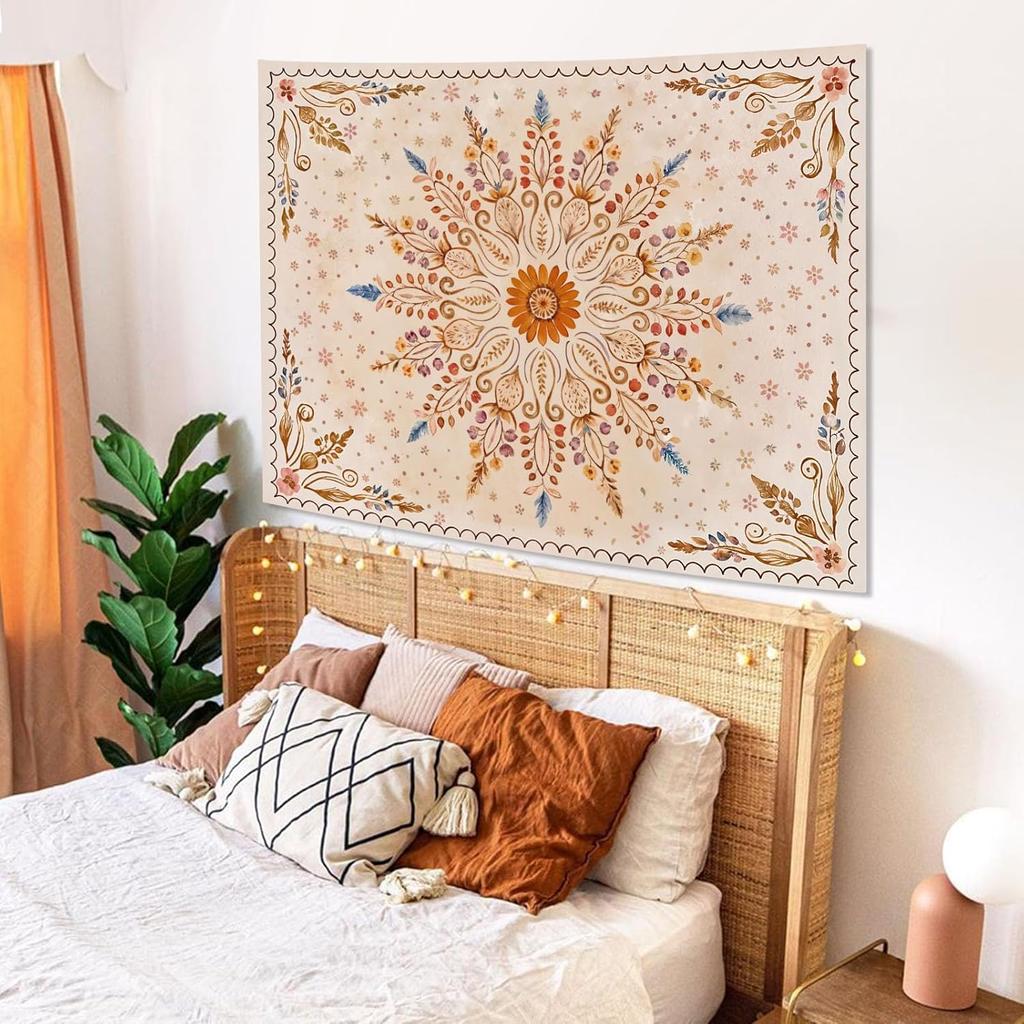 Boho Floral Mandala Tapestry For Bedroom Aesthetic Watercolor Bohemian Flower Wall Tapestry Brown Beige Hippie Indian Small
